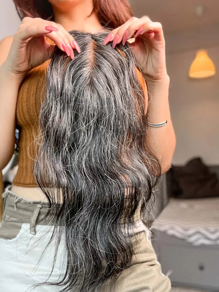 Salt & Pepper Faux Scalp – Lace Base 2×6 inch | Grey Human Hair Topper | Nish Hair