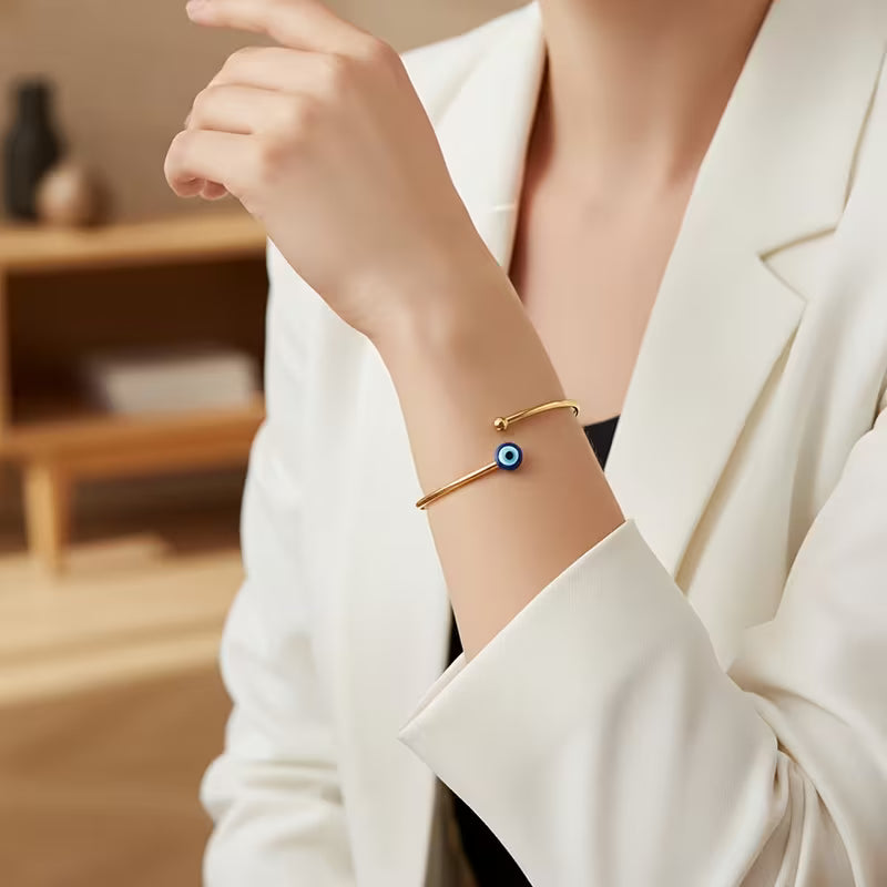 Evil Eye Gold Bangle Bracelet – Open Cuff Protection Bracelet