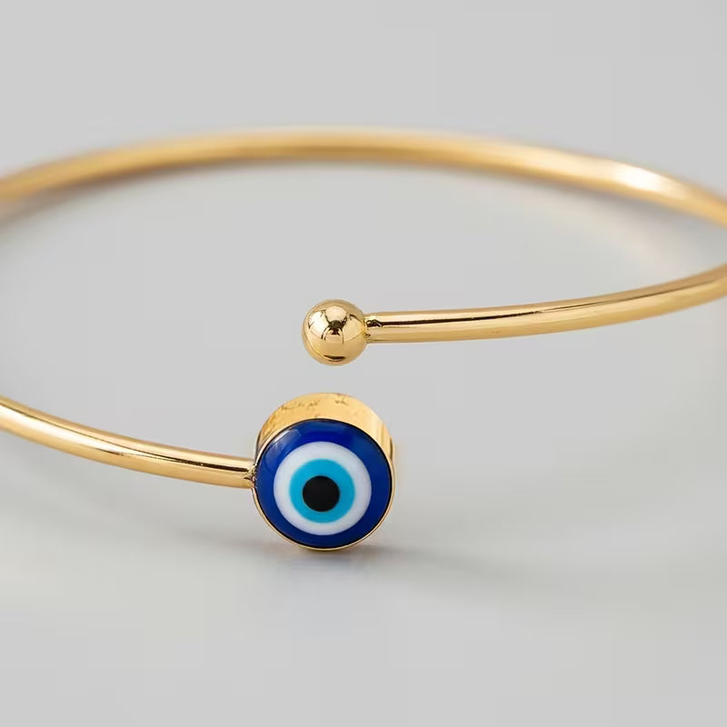 Evil Eye Gold Bangle Bracelet – Open Cuff Protection Bracelet