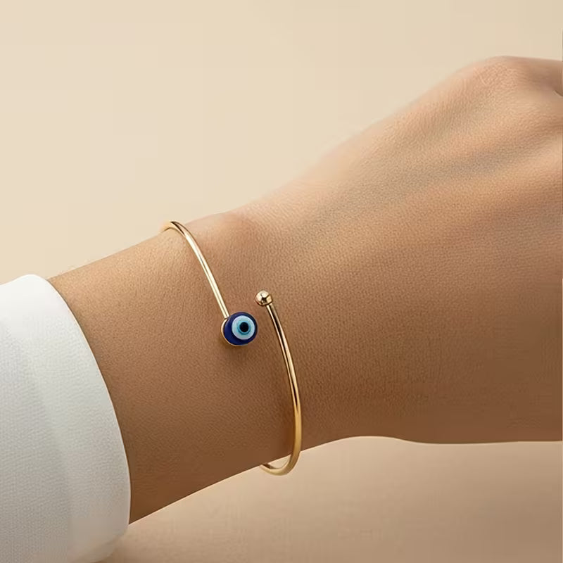 Evil Eye Gold Bangle Bracelet – Open Cuff Protection Bracelet